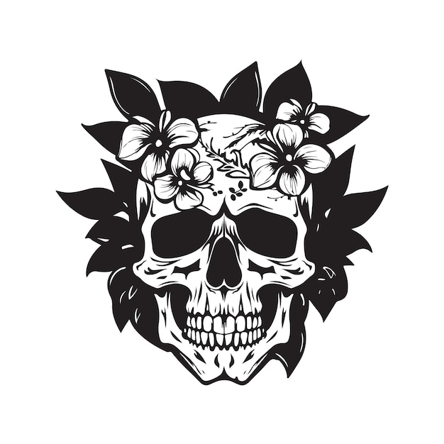 Cabeça de caveira com logotipo vintage floral conceito de arte de linha preto e branco ilustração desenhada à mão