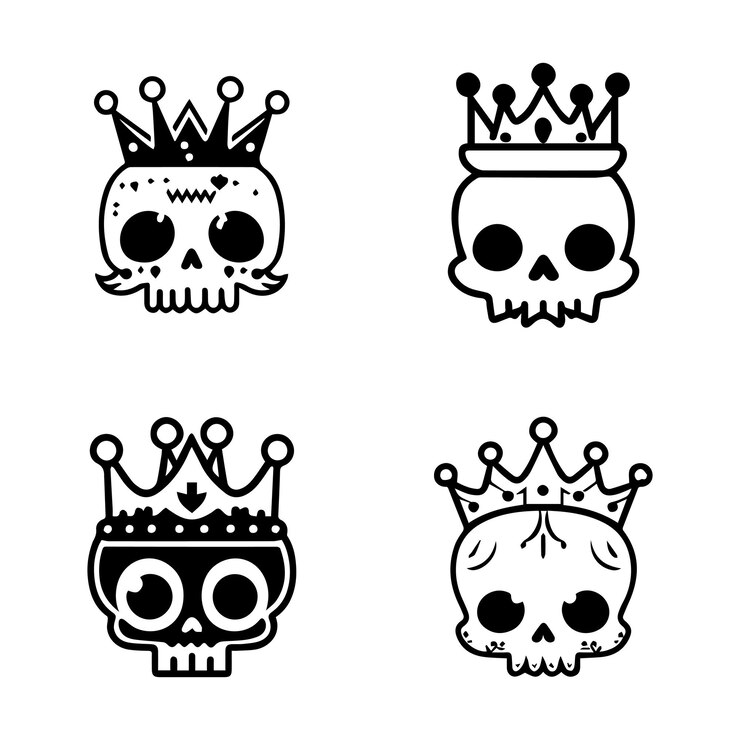 Vetor cabeça de caveira kawaii fofa com conjunto de coleção de coroa ilustração desenhada à mão