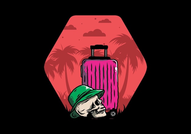 Cabeça de caveira usando um chapéu sob uma ilustração de mala de viagem