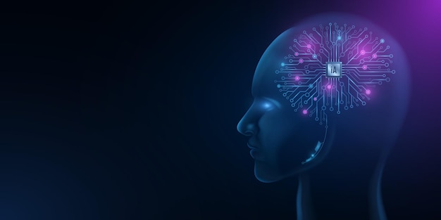 Cabeça de ciborgue e cérebro artificial com processador Cyberman assistindo no espaço Fundo de inteligência artificial Redes neurais Visualização de dadosIlustração vetorial