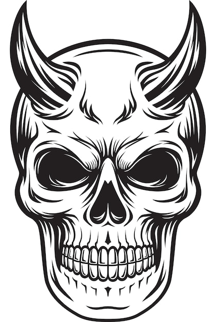 Cabeça de crânio de diabo tem chifres ilustração preto e branco