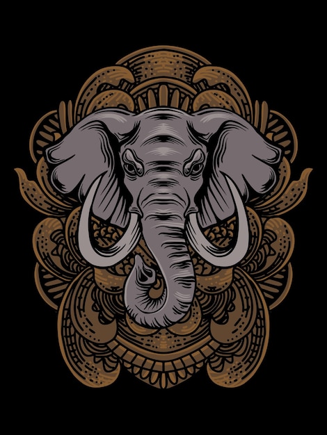 Cabeça de elefante de ilustração com ornamento de gravura