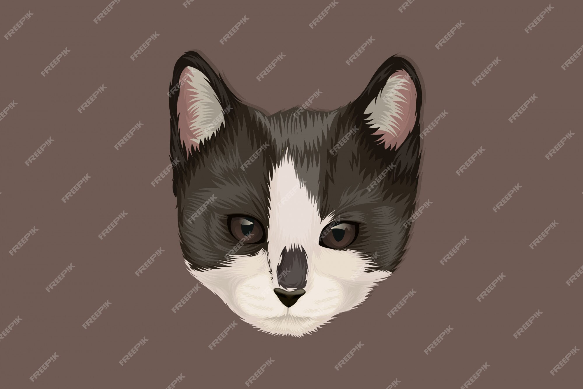 Cabeça de gato bonito realista desenho a preto e branco à mão