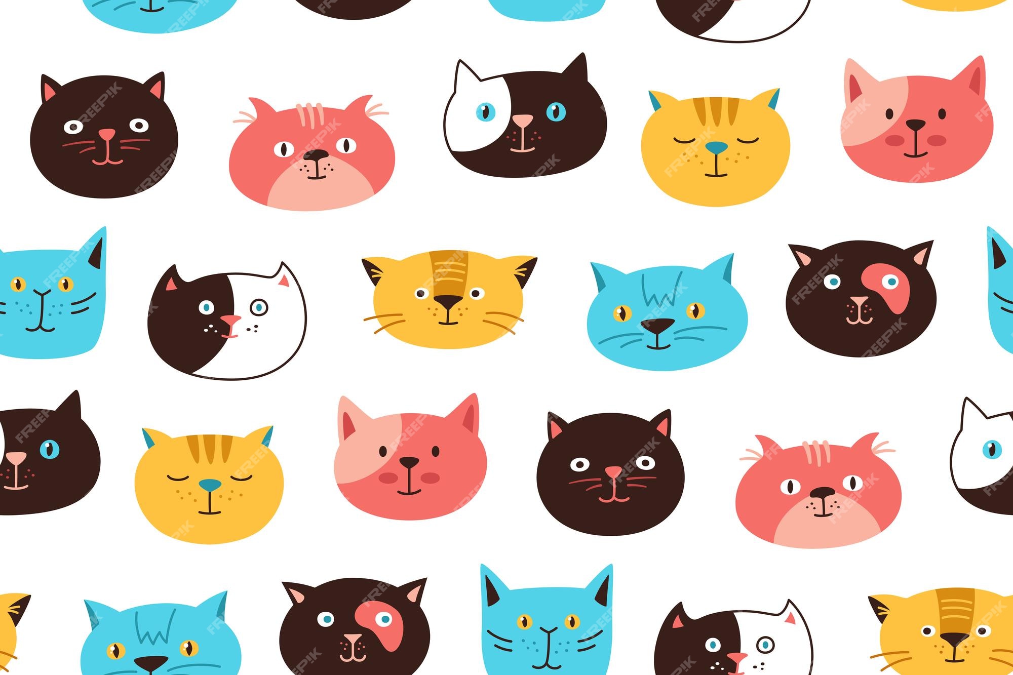 cabeças de gatos coloridos bonitos, rostos de gatinho, padrão sem emenda de  vetor. personagens de desenhos animados de animais de estimação gatinho  engraçados com emoções, textura para tecido, papel de parede, papel