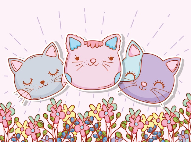 Cabeça de gatos bonitos com plantas de flores