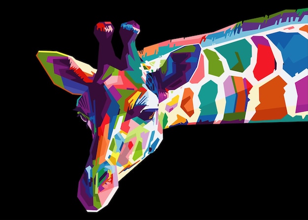 Vetor cabeça de girafa colorida no estilo pop art isolado com fundo preto