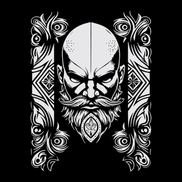 cabeça de homem viking com logotipo de barba ilustração desenhada à mão em preto e branco