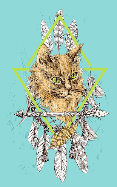 Cabeça de ilustração desenhada à mão vetorial do cartaz de estilo boho de gato desenho de esboço de tinta de animal