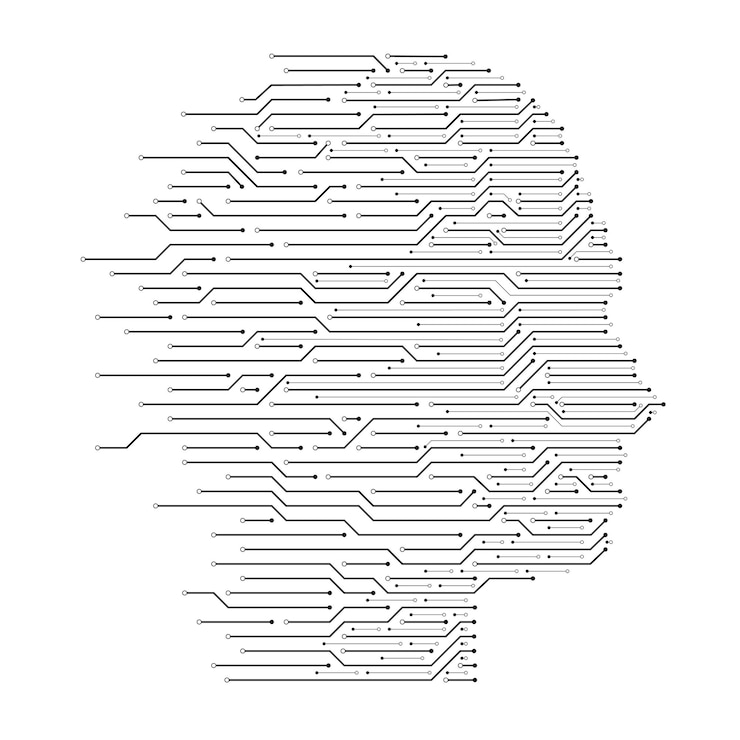 Vetor cabeça de inteligência artificial aprendizado de máquina de dados humanos ai programação ciência e ilustração vetorial de placa de circuito de mente cibernética