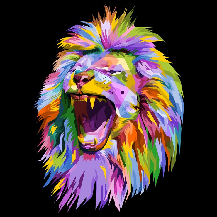 Vetor cabeça de leão colorido no estilo pop art.