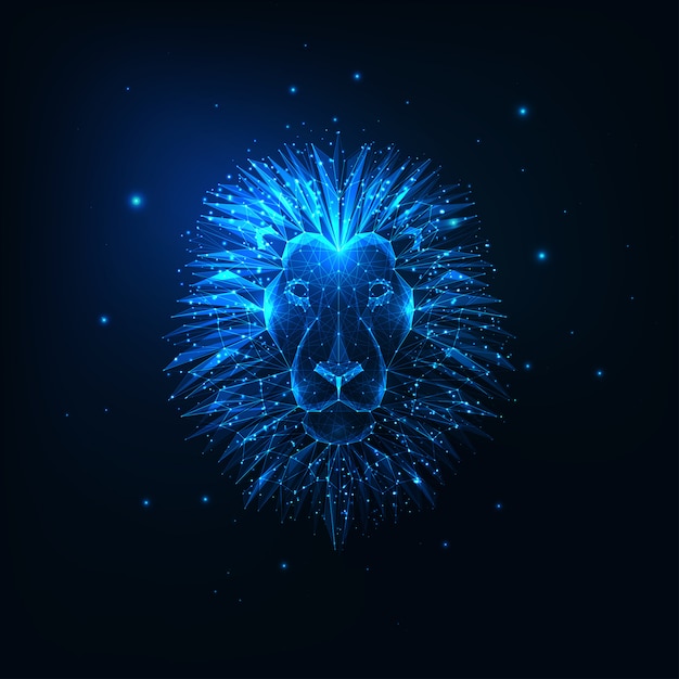 Cabeça de leão poligonal brilhante e futurista isolada em azul escuro