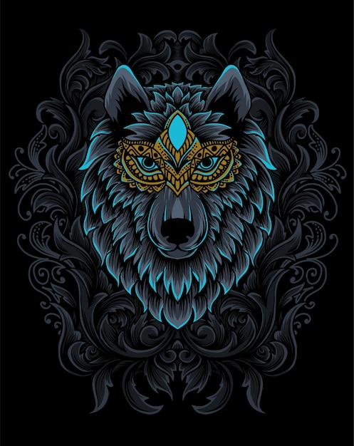Cabeça de lobo de ilustração com gravura de ornamento.