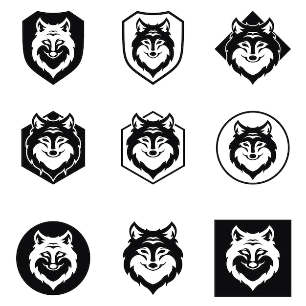 Cabeça de lobo logotipo preto ícone conjunto design ilustração vetorial