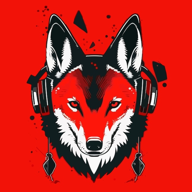 Cabeça de lobo vermelho com ilustração plana de vetor de fone de ouvido