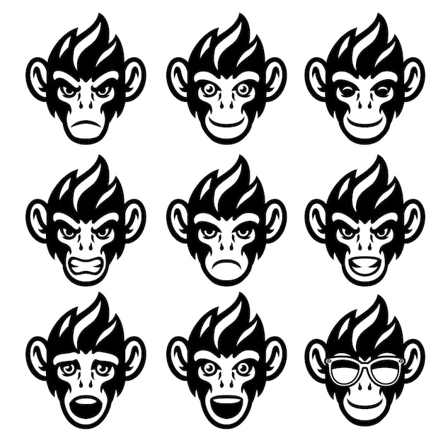 Cabeça de macaco de desenho animado definida em várias expressões de rosto
