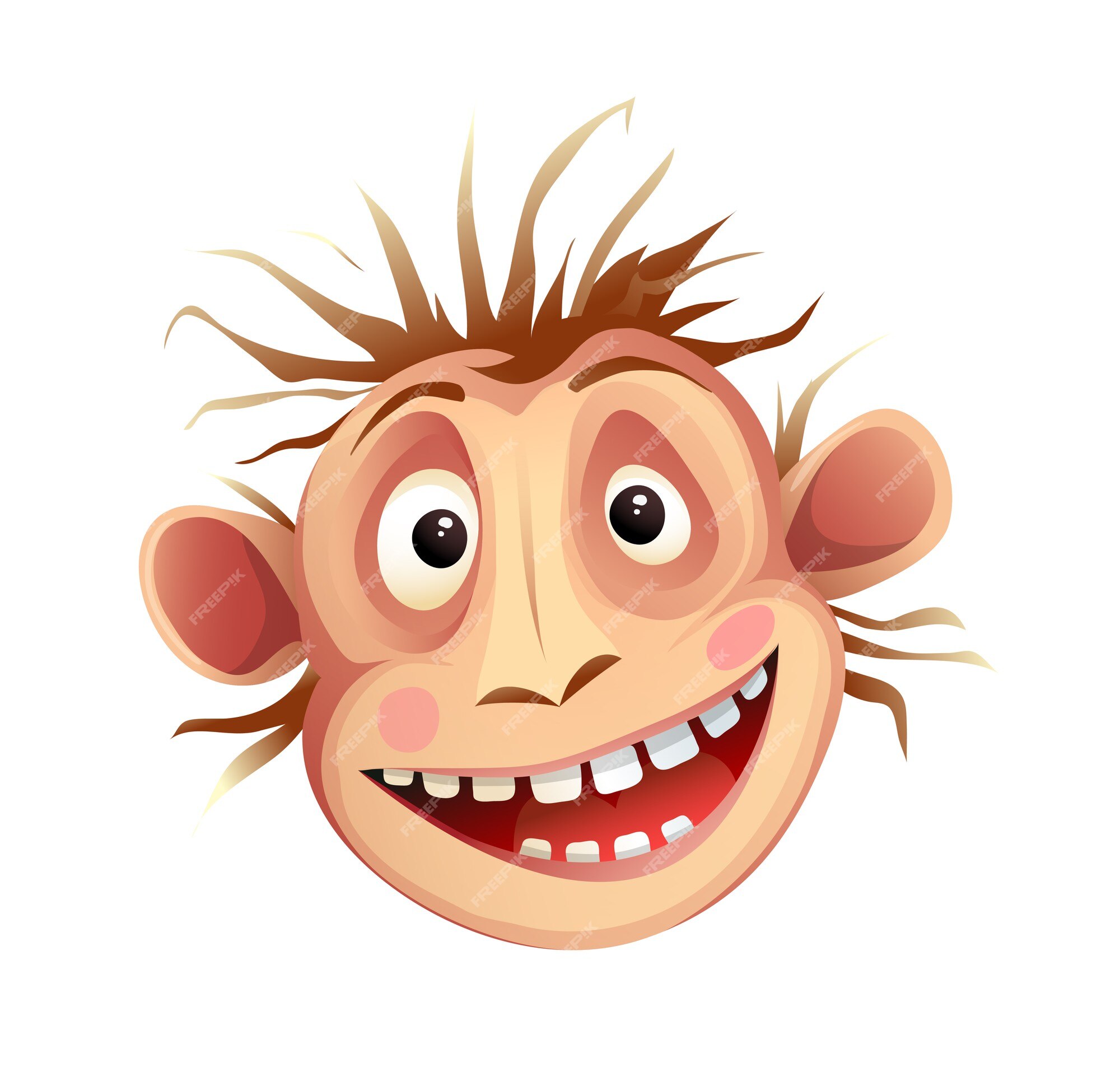 Cabeça de macaco de macaco, louco imitando a expressão facial. mascote da  cabeça do animal chimpanzé funky isolado no branco, desenhos animados para  crianças.
