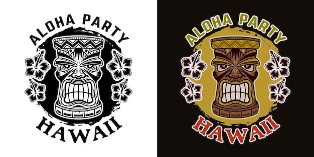 Cabeça de madeira tiki havaiana dois estilos preto em branco e colorido em ilustração vetorial de fundo escuro