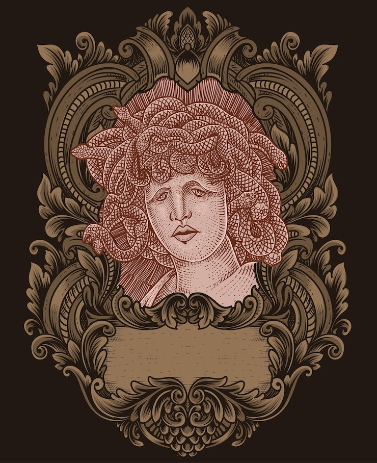 Vetor cabeça de medusa de ilustração com moldura de ornamento de gravura