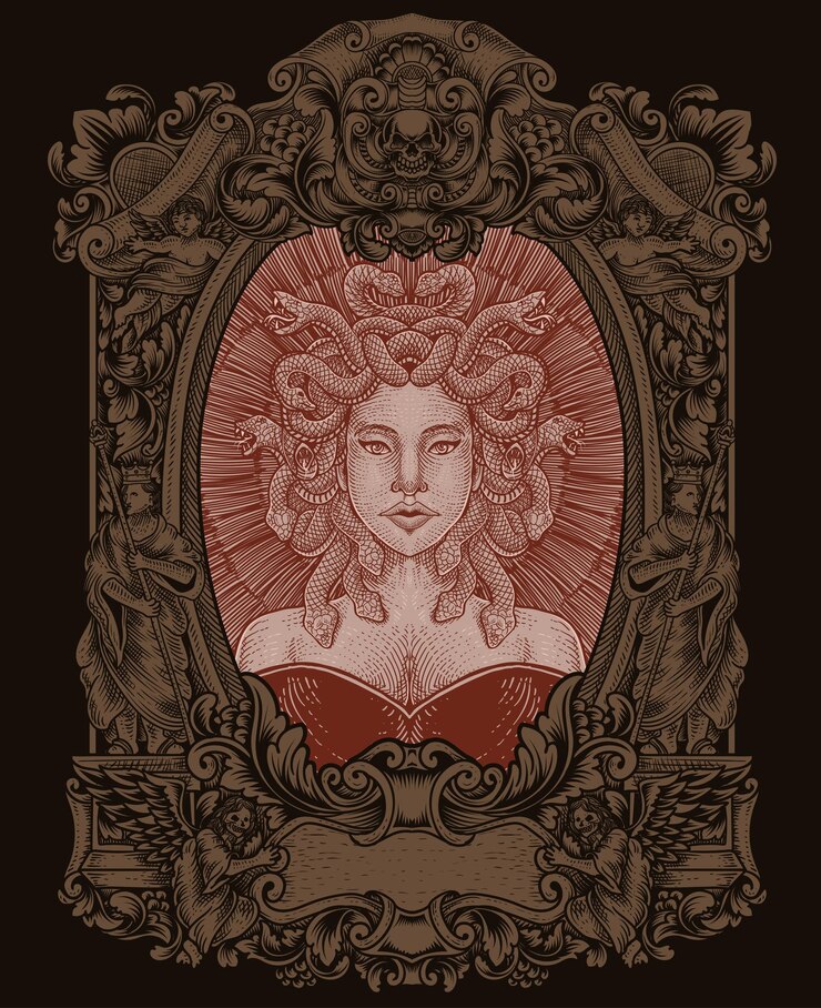 Vetor cabeça de medusa de ilustração com moldura de ornamento de gravura