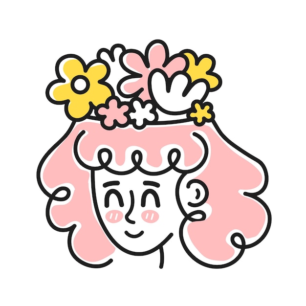 Cabeça de mulher bonita com flores dentro da cabeça. bom humor, saúde mental, conceito emocional. ícone de ilustração de personagem de desenho animado em vetor. isolado no fundo branco. menina e flores, mulher em harmonia mental