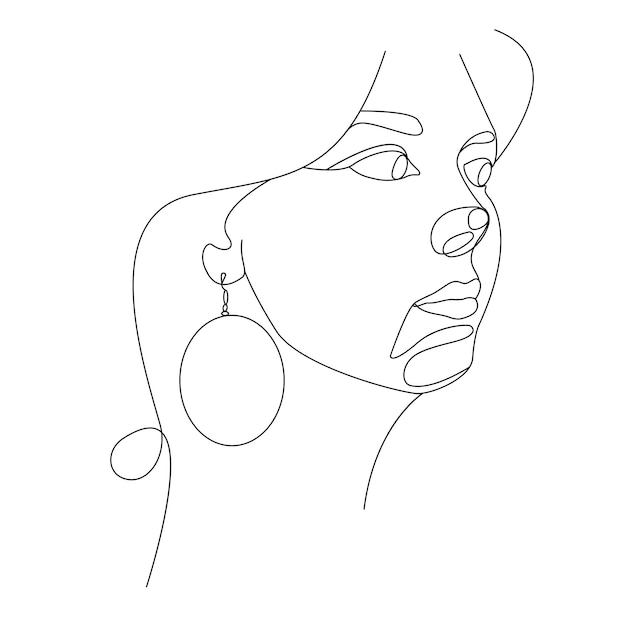 Cabeça de mulher com composição de brinco ilustração lineart vetorial desenhada à mão estilo de uma linha