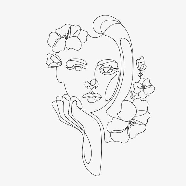 Cabeça de mulher com composição de flores ilustração em linha desenhada à mão desenho do estilo de uma linha