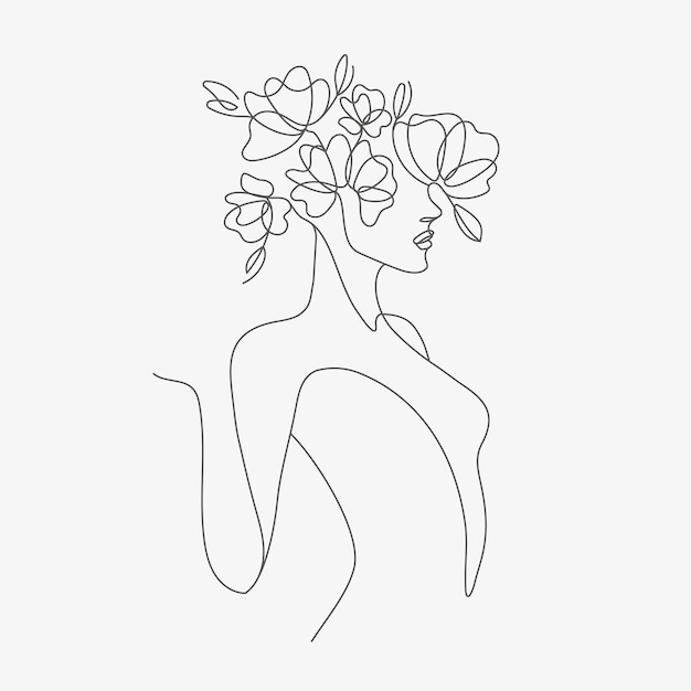 Cabeça de mulher com composição de flores ilustração em linha desenhada à mão desenho do estilo de uma linha