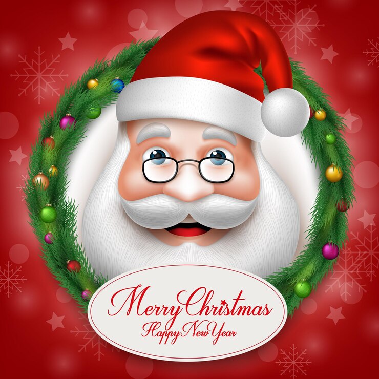 Vetor cabeça de papai noel 3d realista dentro da guirlanda de natal com saudações