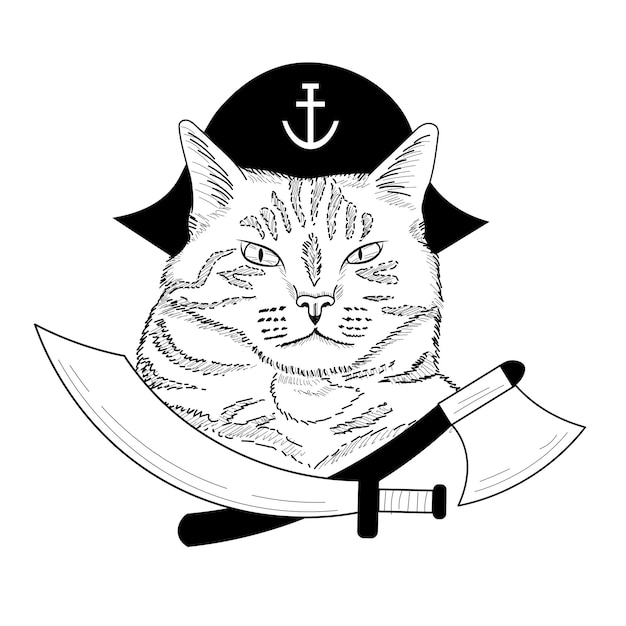 Cabeça de pirata de gato desenhada de mão