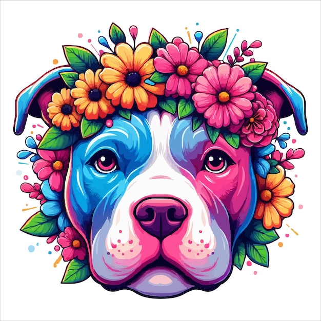 Vetor cabeça de pitbull colorida com flores do lado