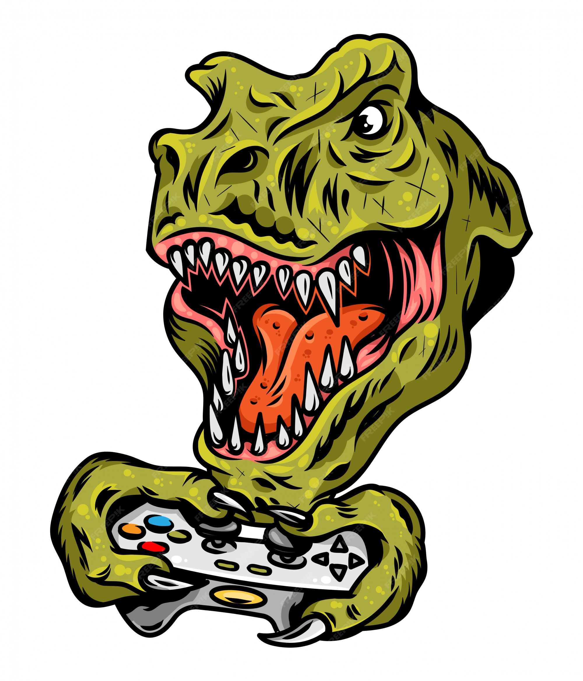 Cabeça de raiva do jogador de dinossauro t rex que joga o jogo no joystick  para arcade de videogame. projete a ilustração do vintage com o controlador  do gamepad.