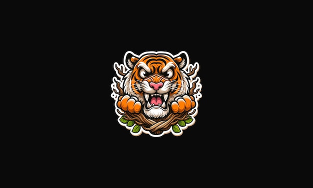 Vetor cabeça de tigre com design de logotipo de vetor irritado de árvore