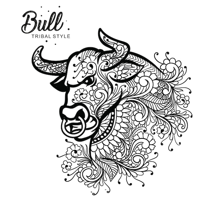Vetor cabeça de touro estilo tribal mão desenhada