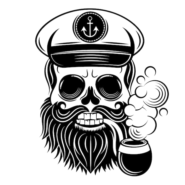 Cabeça de um homem com barba e cachimbo Personagem de um marinheiro Tatuagem ou impressão Ilustração desenhada à mão convertida em vetor