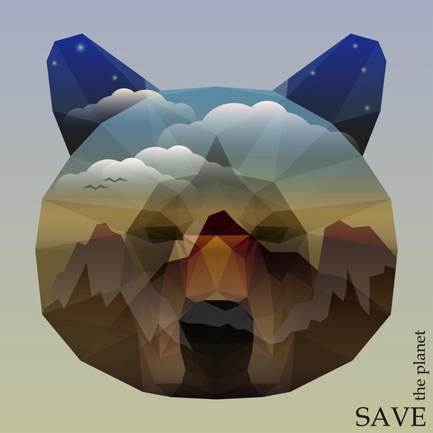 Cabeça de urso com montanhas e céu azul profundo com nuvens e estrelas. ilustração do conceito sobre o tema da proteção da natureza e dos animais para cartão de design, convite, cartaz, cartaz ou banner