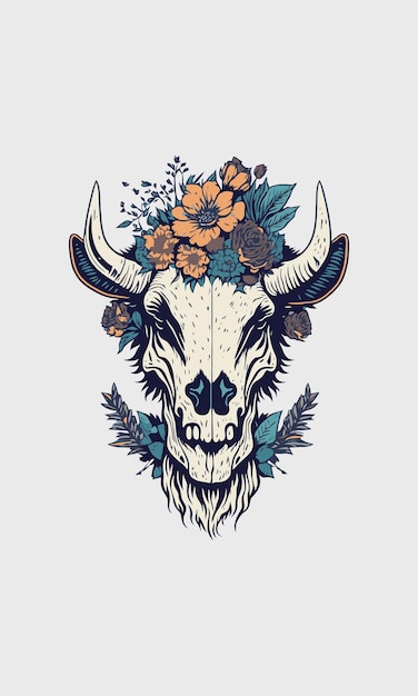 Vetor cabeça de vaca crânio com flores ilustração vetorial design plano