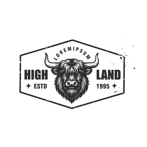 Cabeça de vaca de terras altas desenhada à mão logotipo de emblema vintage ilustração gráfica vetorial