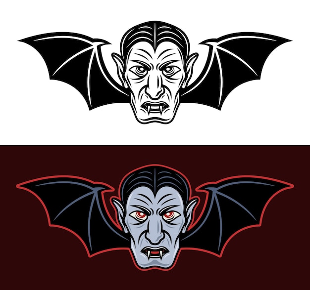 Vetor cabeça de vampiro de drácula com asas de morcego dois estilos preto em branco e colorido em ilustração vetorial de fundo escuro