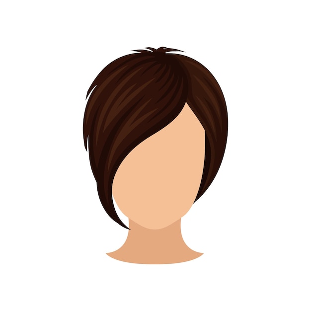 Cabeça feminina com penteado curto, franja longa, cabelo castanho escuro, corte de cabelo feminino elegante, elemento vetorial plano para cartaz de salão de cabeleireiro