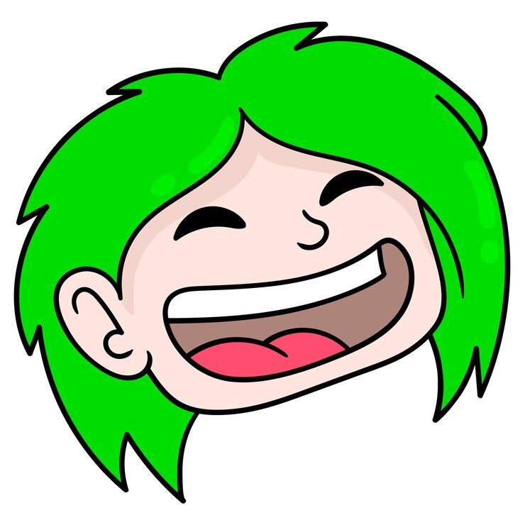 Vetor cabeça masculina de cabelos verdes está rindo alegremente, emoticon de caixa de ilustração vetorial. desenho do ícone do doodle