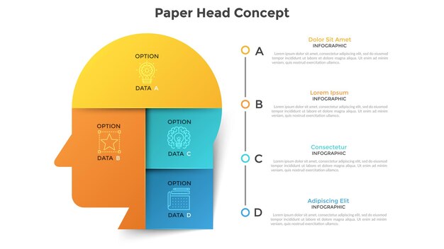 Cabeça ou perfil humano dividido em 6 pedaços de papel colorido. conceito de seis características do pensamento empresarial criativo. modelo de design moderno infográfico. ilustração vetorial para visualização de dados.