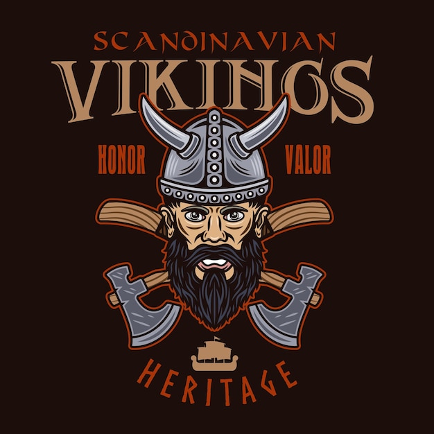 Vetor cabeça viking e eixos cruzados emblema vetorial etiqueta emblema logotipo ou impressão em estilo colorido em fundo escuro