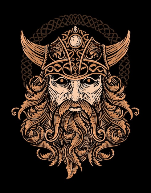 Cabeça viking isolada com gravura, ornamentação, cabelo, design de camiseta, ilustração vetorial de design de tatuagem