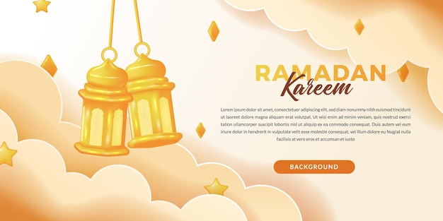 Cabeçalho de banner do conceito ramadan kareem com lanterna árabe fanous dourada fofa 3d para evento islâmico com nuvem e cor clara