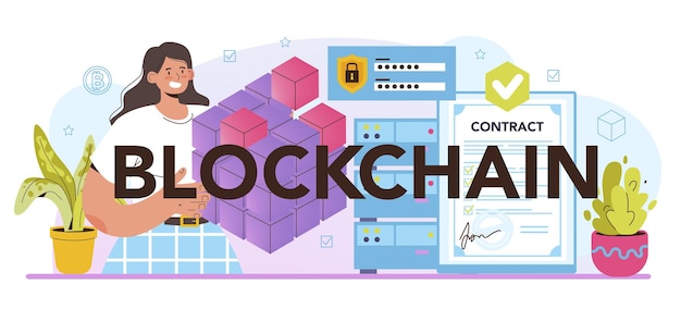 Cabeçalho tipográfico blockchain. criação e implementação de aplicativos baseados em blockchain para empresas. tecnologia de mineração de criptomoedas. ilustração vetorial plana