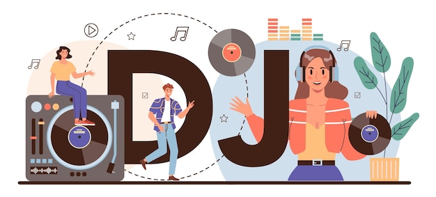 Cabeçalho tipográfico de DJ Pessoa em pé no mixer de toca-discos faz música no clube Compositor de música do clube com fones de ouvido Ilustração em vetor plana isolada