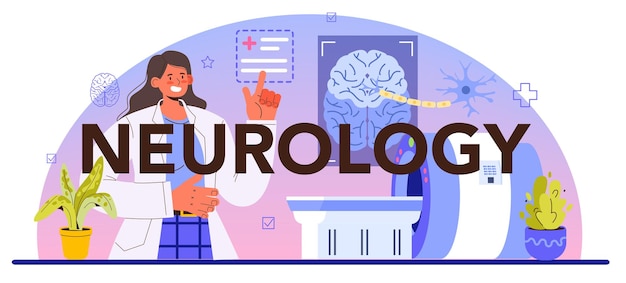 Cabeçalho tipográfico de neurologia. o médico examina e trata o cérebro e o sistema nervoso humanos. terapia de doenças do sistema nervoso. consulta e diagnóstico médico de ressonância magnética. ilustração vetorial plana