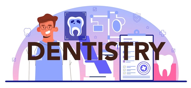 Cabeçalho tipográfico de odontologia. médico dentista em uniforme tratando