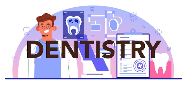 Vetor cabeçalho tipográfico de odontologia. médico dentista em uniforme tratando