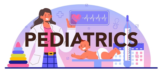 Cabeçalho tipográfico de pediatria. médico examinando uma criança com estetoscópio